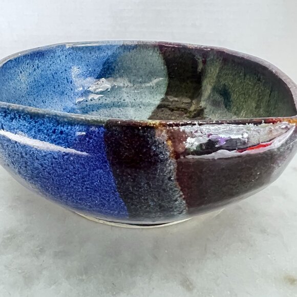 Abstract Bowl Artisan Signed Studio Pottery Wheel Thrown Multicolor Drip Glaze D - Picture 5 of 7